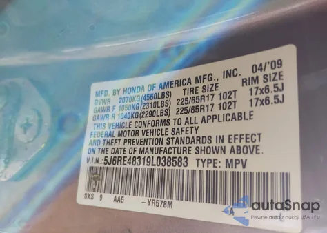 2009 Honda Cr-V Lx from USA, damaged, VIN 5J6RE48319L038583